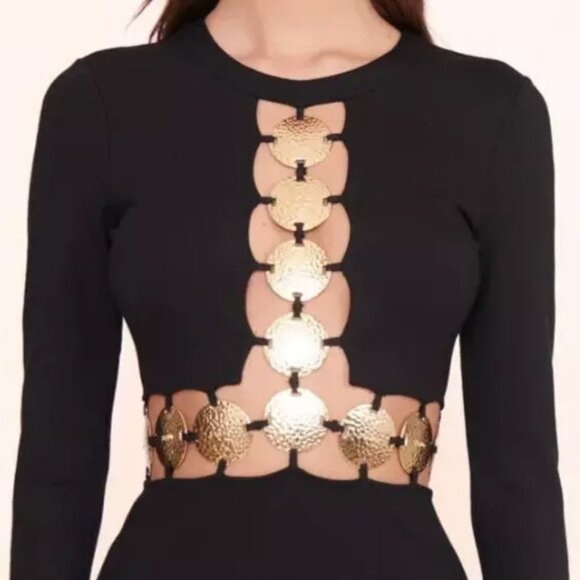 STAUD BLACK DELPHINE GOLD LOGO COIN CUTOUT MAXI DRESS BLACK SZ 8 LONG SLEEVE - Picture 2 of 15